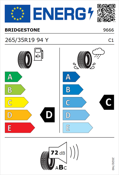 Tyre Label for Bridgestone Potenza RE050A 265/35R19 94Y